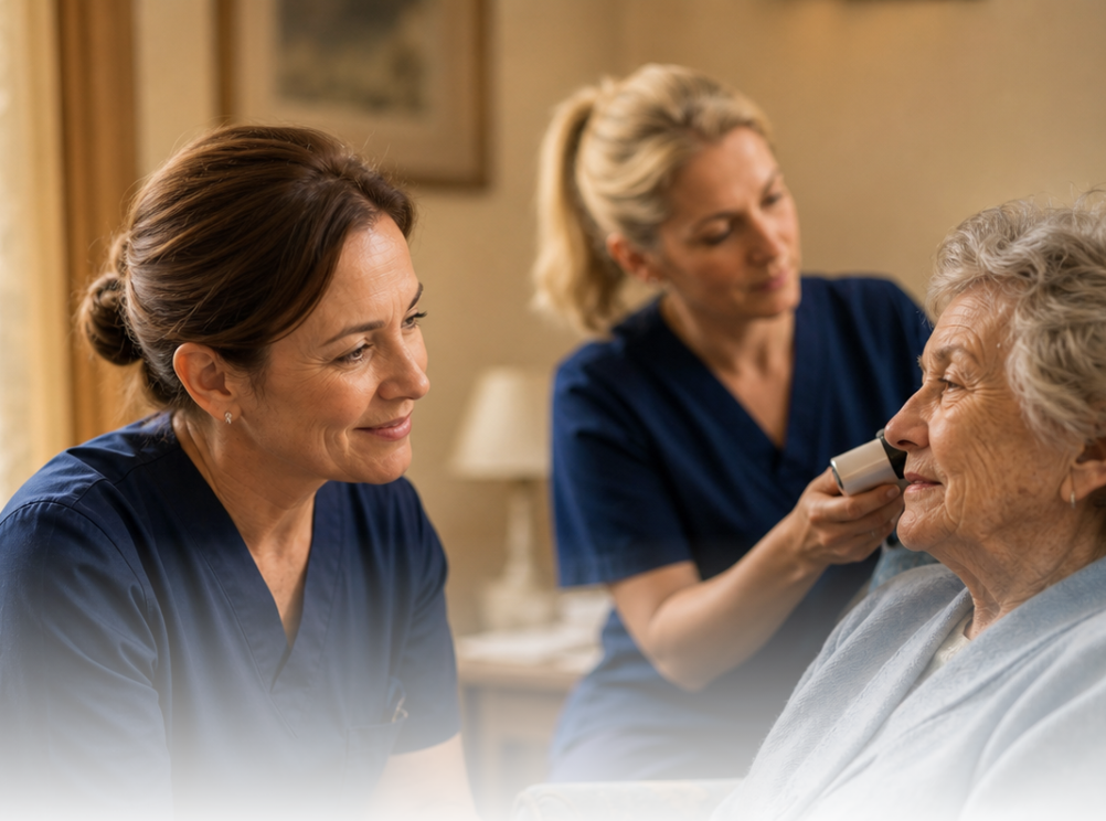 Two Opticall practitioners carrying out gentle ear wax removal for an older woman at home - one performing the procedure, one keeping her at ease